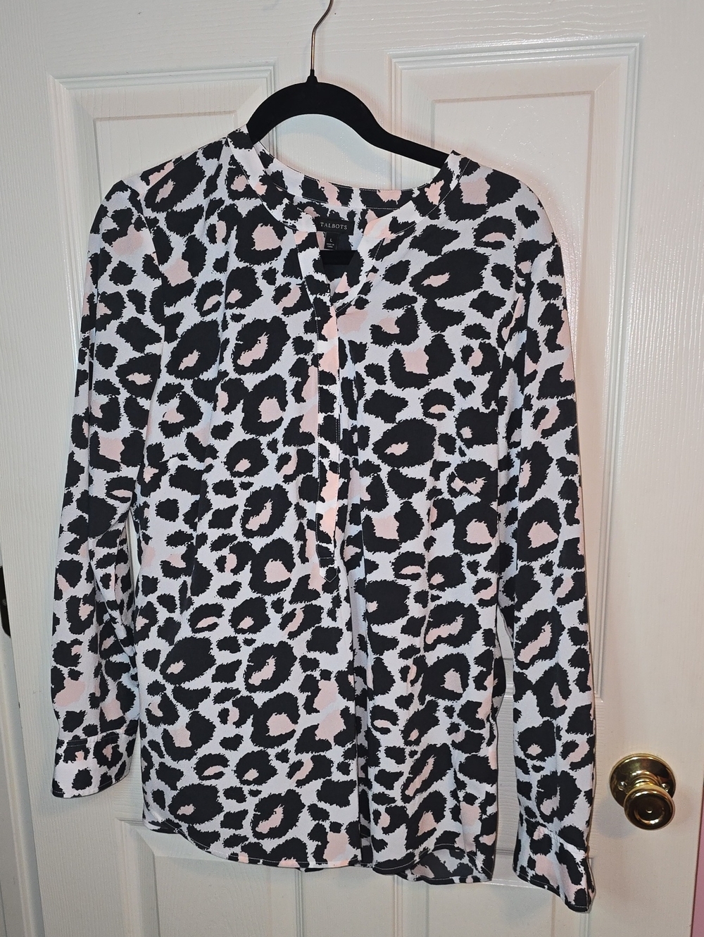 Talbots Black and Blush Leopard Print Long-Sleeve Blouse